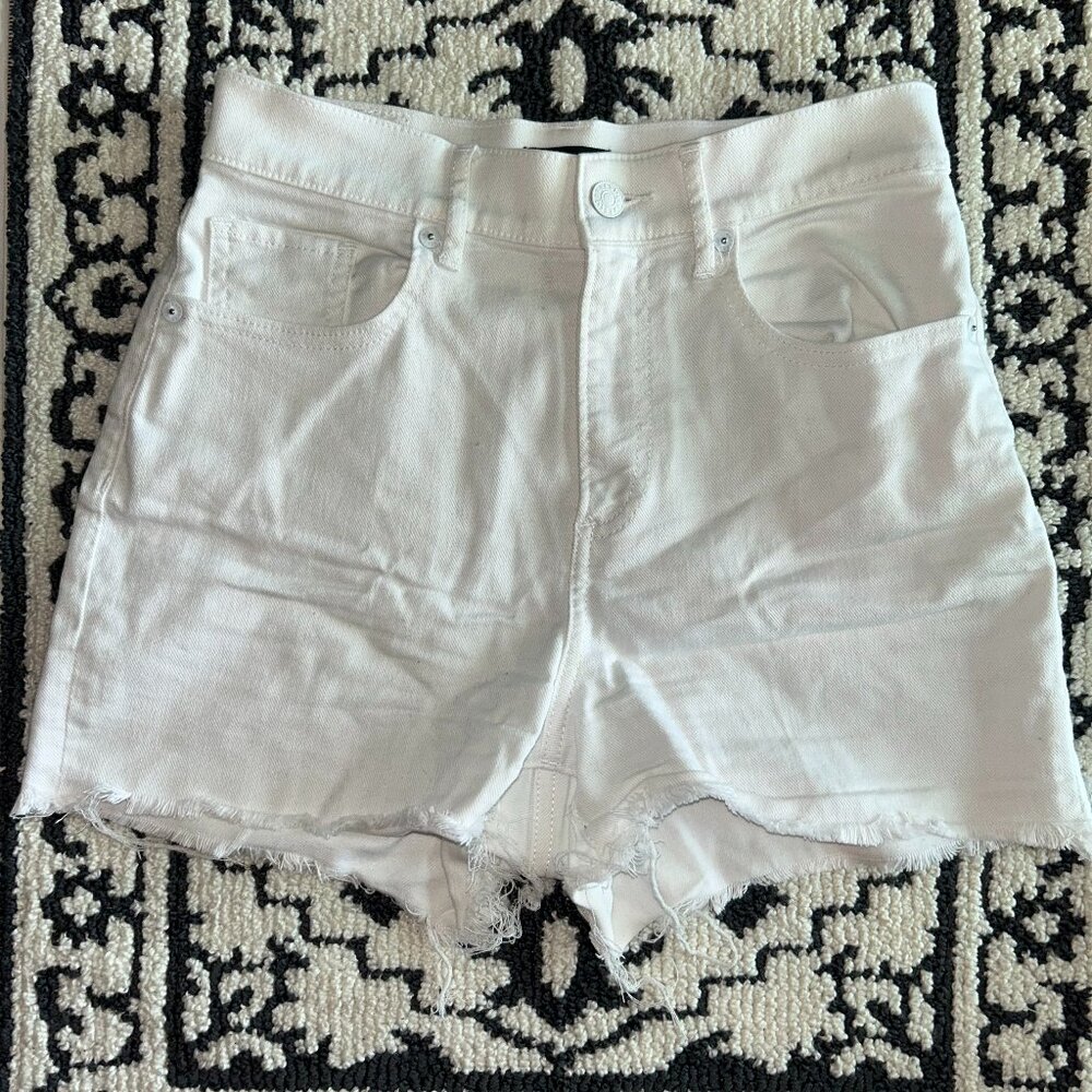EXPRESS High Waisted White Wash Midi Jean Shorts